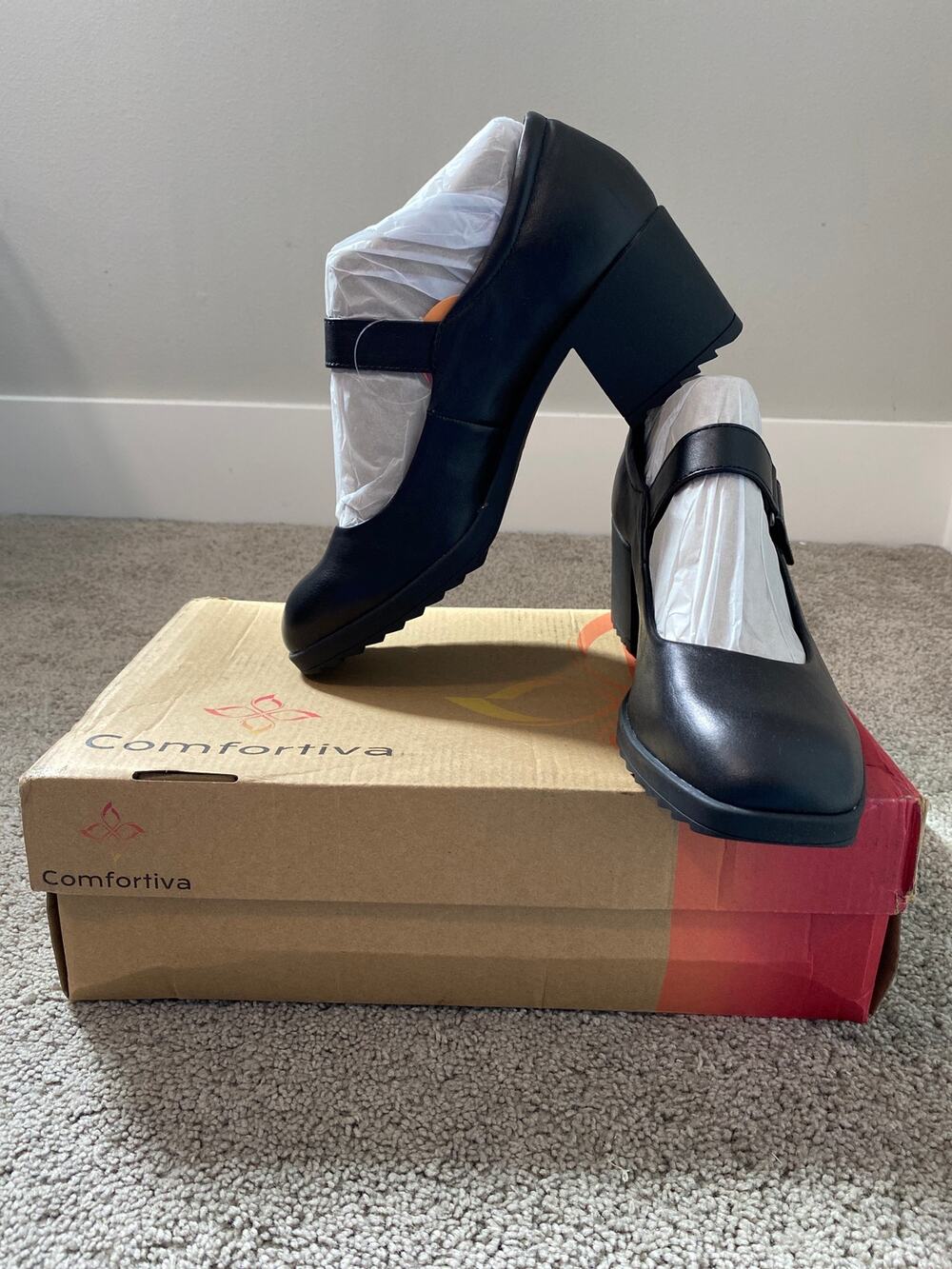 New Comfortiva Hayes Black Leather Mary Jane Heels Size 10